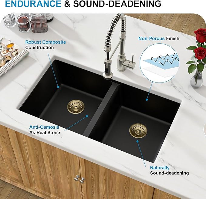 Black Double Bowl Granite Composite Kitchen Sink - 33 Inch Matte Black Kitchen Sink 50/50 Split Bowl Undermount Granite Quartz Composite Under Counter Sinks Basin