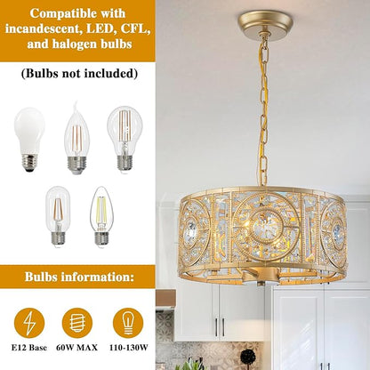 Vintage Crystal Round Chandelier 14.17" Gold Dining Room Chandelier Over Table 4-Lights Classic Drum Pendant Light Fixture for Living Room Kitchen Island Entryway.