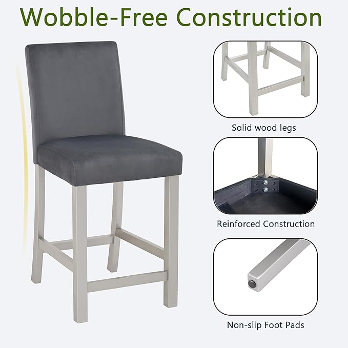Counter Height Chairs for 4: 330 LBS Solid Wood Barstools - Ergonomic High Back Support for Kitchen Island & Dining Room - Silver Grey Upholstered Set