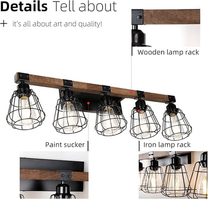 5 Lights Modern Wall Lighting Over Mirror,Bathroom Vanity Light Fixtures,Farmhouse Black Wood Metal Cage Industrial Wall Sconce