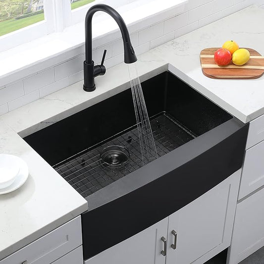 Hotis Black Farmhouse Sink, 33 Inch Farm Sink, Apron-Front 304 Stainless Steel Farmhouse Kitchen Sinks, 33x22 Inch Undermount Single Bowl Undermount With Dish Grid