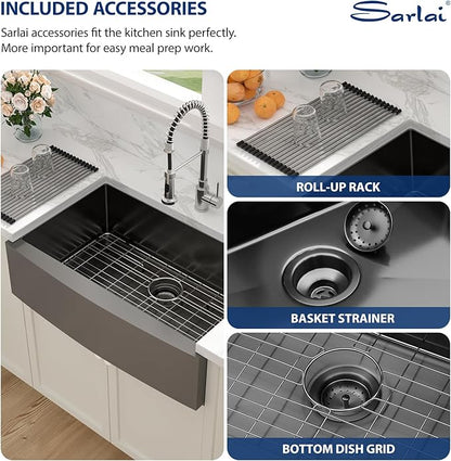 Sarlai 33 Black Farmhouse Kitchen Sink - 33 Inch Kitchen Sink Gunmetal Black Stainless Steel 16 gauge Apron Front Sink Deep Single Bowl Farm Sink