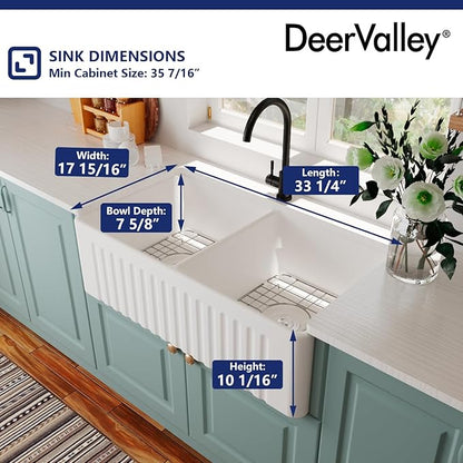 DeerValley Double Bowl Farmhouse Sink 33 inch, Ceramic Apron Front White Farm Sink, Deep Drop-in Fireclay Undermount Reversible Sinks with Grid & Strainer