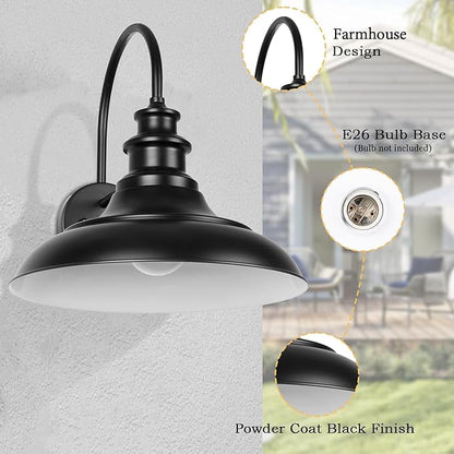 Dusk to Dawn Sensor Outdoor Barn Light Fixtures, 12.3 Inch Dome Farmhouse Outdoor Wall Sconces, Exterior Wall Mount Lights, Industrial Black White Wall Lanterns for Porch, DDRZ004-4 BK+WH