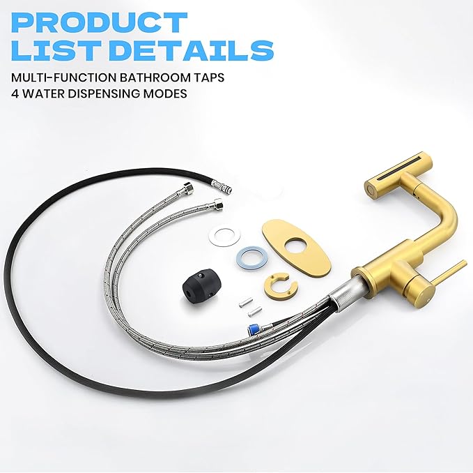 Gold Bathroom Faucet with Sprayer - Brushed Gold Bathroom Faucets for Sink 1 Hole or 3 Holes, 4 Mode Single Handle Vanity Faucet Waterfall Bathroom Faucet with Pull Down Sprayer (No Drain)