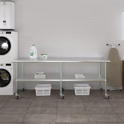 Stainless Steel Work Table with Wheels | NSF Kitchen Island Food Prep | Laundry Garage Utility Bench (Table + Wheels, 96" Long x 30" Deep)