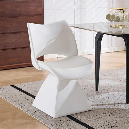 Swivel Dining Chair Upholstered Faux Leather Accent Seat with Curved High Back, Cushioned Foam Padding, Solid Wood and Metal Base, Modern Armless Side Chair for Kitchen Island Vanity Desk (White)