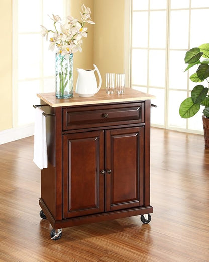 Crosley Furniture Compact Wood Top Small Rolling Cart with Shelves, Microwave Stand with Towel Rack, Mahogany