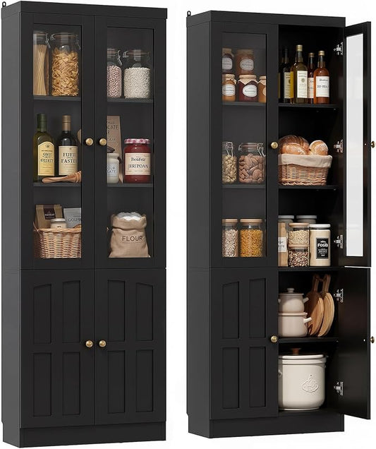 Cyclysio Kitchen Pantry Cabinet, 80" Wood Pantry Storage Cabinet with Doors and Adjustable Shelves, Kitchen Cabinet with Thickened Top Panel, Tall Cabinet for Livingroom, Pantry, Bathroom (1, Black)