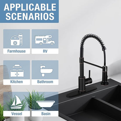 DJS Kitchen Faucets with Pull Down Sprayer Oil Rubbed Brozone -Single Handle 1 or 3 Holes Spring Kitchen Sink Faucet with Deck Plate for Farmhouse RV Vessel Basin