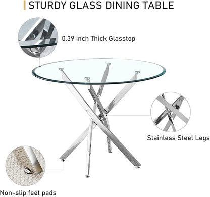 Pvillez Contemporary Dining Table, 36" Round Tempered Glass, Stainless Steel Base, Seats 4, Clear Kitchen Table for Dining