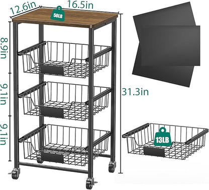XYZLVSI Kitchen Storage Cart with Wheels, 4-Tier Metal Utility Rolling Cart Fruit Vegetable Storage Basket Pantry Rack with Wood Top & Pull Out Baskets for Kitchen, Livingroom, Diningroom, Office