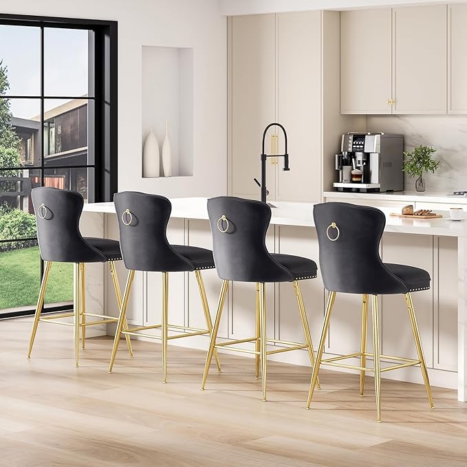 Bar Stools Set of 2, Velvet Counter Height Bar Stools with Metal Legs, Button Tufted and Nailheads Trim, Wing Back Bar Chairs for Kitchen Island Dining Room Pub,Black