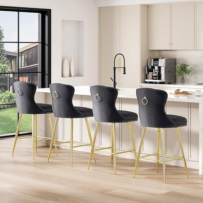 Bar Stools Set of 2, Velvet Counter Height Bar Stools with Metal Legs, Button Tufted and Nailheads Trim, Wing Back Bar Chairs for Kitchen Island Dining Room Pub,Black