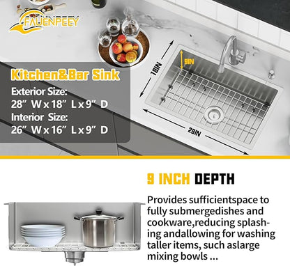 28x18 Inch Stainless Steel Kitchen Sink-Undermount Single Bowl Drop In Kitchen Sink Stylish And Modern Look Come With Bottom Grid,Silicon Mat And Drain Assembly Add Elegance & Enhance Usability