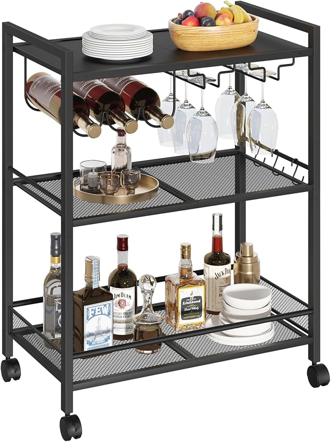 Joaxswe Bar Cart, Home Bar Serving Cart with 3-Tier Shelf,Microwave Cart with Lockable Wheels,Mobile Kitchen Shelf,Rolling Beverage Cart with Wine Rack and Glass Holder for Kitchen,Dinning Room,Black