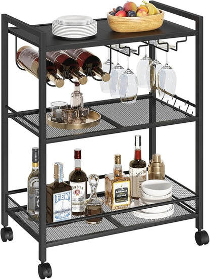 Joaxswe Bar Cart, Home Bar Serving Cart with 3-Tier Shelf,Microwave Cart with Lockable Wheels,Mobile Kitchen Shelf,Rolling Beverage Cart with Wine Rack and Glass Holder for Kitchen,Dinning Room,Black