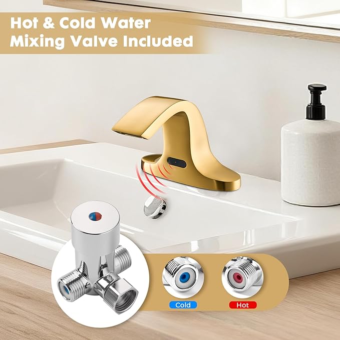 Touchless Bathroom Sink Faucet, Automatic Sensor Faucet for 3 Hole,Touchless Faucet for Bathroom Sink,Smart Faucet Gold