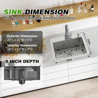 Kitchen And Bar Sink, 20x16 Inch Stainless Steel Drop In Modern Single Bowl Topmount Kitchen And Bar Sink Combo-SS Grid,Silicon Mat,Drain Strainer Set Compatibility With Various Kitchen&Bar Style