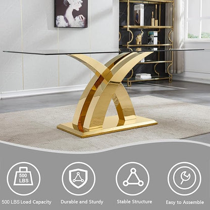 70" Glass Dining Table for 6-8, Modern Dining Room Table with 0.39" Tempered Glass Top and X-Shaped Gold Stainless Steel Base, Rectangle Kitchen Dinner Table for Dining Room