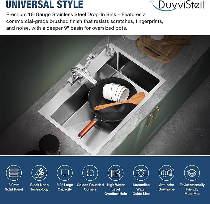33 Inch Drop In Kitchen Sink, 16 Gauge Stainless Steel Kitchen Sink Single Bowl Sinks with Drain Strainer (33"x19"x9")