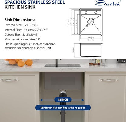 Sarlai Undermount Bar Sink, 15x18 Inch Undermount Outdoor Sink Workstation with Foldable Faucet Bar Prep Single Bowl Gunmetal Black 16 Gauge Stainless Steel Sinks with Cover BBQ Sinks Outside