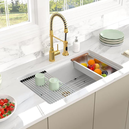 33 Inch Granite White Kitchen Sink - Beslend 33x19x10 Inch White Granite Composite Kitchen Sinks Undermount Quartz Sink Ledge Workstation Classic Under Counter Single Bowl Sink Basin