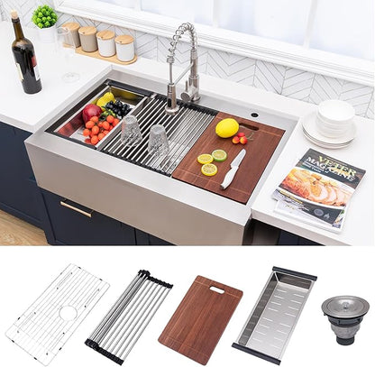 33 Farmhouse Sink, Drop In Stainless Steel Apron Front Farm Sink 33x22x9 Single Bowl 16 Gauge with Accessories