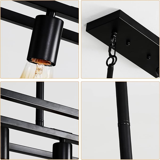 Black Kitchen Island Lighting, 3-Light Farmhouse Chandeliers, Modern Industrial Linear Rectangle Pendant Light Fixtures for Dining Room Kitchen Bar Foyer(Metal, E26 Base)