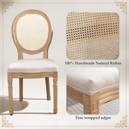 SoarFlash French Dining Chairs Set of 2, Vantage Dining Chair with Round Back, Wood Leg Farmhouse Country Rattan Dining Chair for Kitchen,Bedroom,Beige