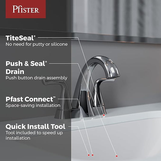 Pfister Willa Bathroom Sink Faucet 4 inch Centerset 2-Handle 3-Hole NSF Certified Polished Chrome Finish with Push & Seal Drain TiteSeal Mounting Technology LF048MALCC
