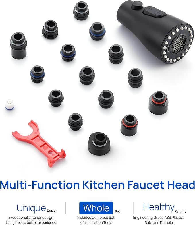 Pull Down Kitchen Faucet Sprayer Head Replacement Part with 15 Connectors, 3 Function Pull Out Sink Sprayer Replacement Nozzle, Kitchen Faucet Head Hose Spray Tap Spout, Matte Black