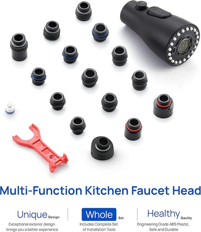 Pull Down Kitchen Faucet Sprayer Head Replacement Part with 15 Connectors, 3 Function Pull Out Sink Sprayer Replacement Nozzle, Kitchen Faucet Head Hose Spray Tap Spout, Matte Black