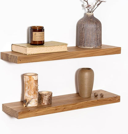 Fun Memories Wood Floating Shelves 24 Inch Long, Rustic Elm Wood Wall Shelves for Farmhouse, Living Room, Kitchen, Wall Mounted Bathroom Shelf Floating Shelf with Invisible Bracket Set of 2, Natural