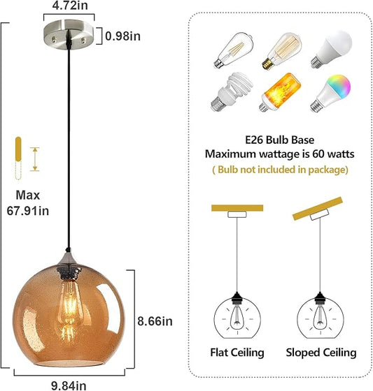 Amber Glass Pendant Lights Kitchen Island Globe Pendant Light Fixtures Modern Pendant Lighting for Bedroom Living Dining Room Light Fixture (9.84 in, 3 Pack)