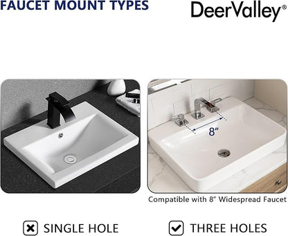 DeerValley 24x19 Inch Rectangular Drop-in Bathroom Sink, White Semi Recessed Vessel Sink with Overflow and Three Faucet Holes, Ceramic Vanity Basin, DV-1DS0121