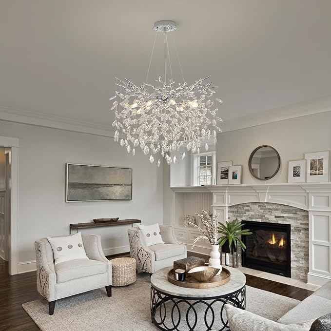 Tree Branches Chandeliers Luxury Round Crystal Pendant Light 8 Light Ceiling Hanging Light for Dining Room Bedroom Living Room Entryway 23.7" Silver