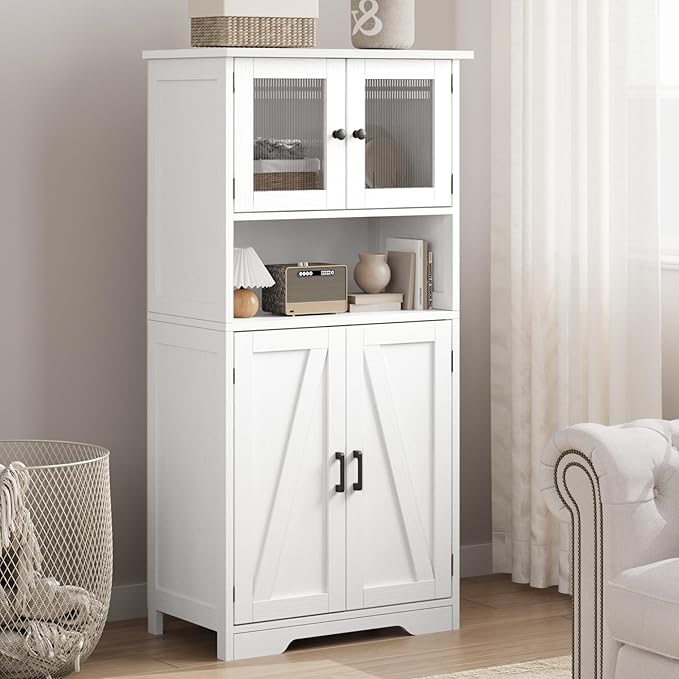 GAOMON Kitchen Pantry Storage Cabinet with Doors and Shelves, 50.4" Freestanding Pantry Cabinets, Wooden Cupboard, Large Floor Cabinet for Bathroom, Kitchen, Dining Room, Living Room, White