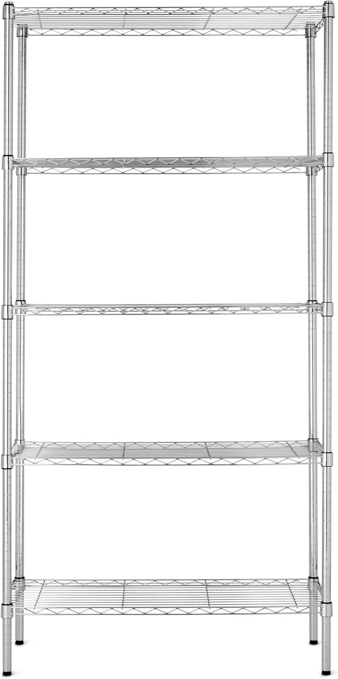 Basics 5-Shelf Adjustable Heavy Duty Steel Wire Rack, Space Saving Storage Shelving Organizer for Kitchen, Garage, No-Tool Assembly, 350 lbs Weight Capacity, 36" x 14" x 72", Chrome