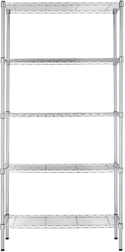 Basics 5-Shelf Adjustable Heavy Duty Steel Wire Rack, Space Saving Storage Shelving Organizer for Kitchen, Garage, No-Tool Assembly, 350 lbs Weight Capacity, 36" x 14" x 72", Chrome