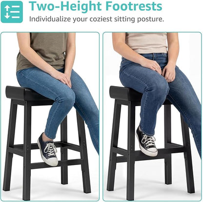 WINAZ Modern Backless Bar Stools Set of 2, 24 Inch Counter Height Stools with Footrest, Matte Finish Metal Legs, Padded Faux Leather Kitchen Island Chairs, Space Saving Stationary Design, Black
