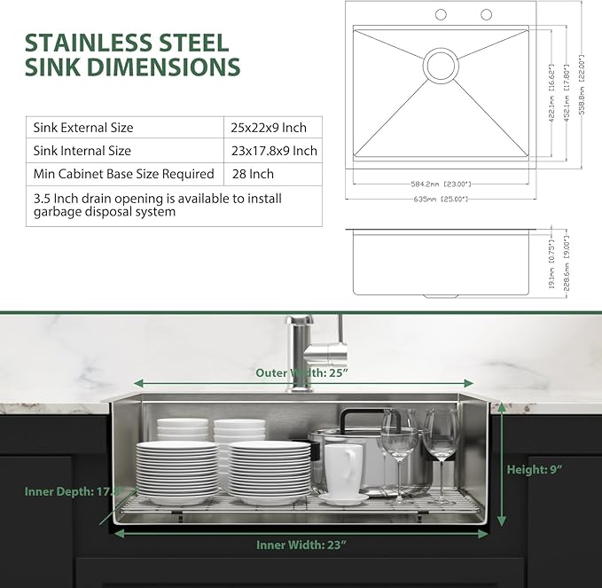 25x22 Drop In Kitchen Sink Workstation - Couoko 25 Inch 16 Gauge T304 Stainless Steel Drop In RV Bar Sink Large Deep Handmade Single Bowl Laundry Utility Sinks with Accessories, 25"x22"x9"