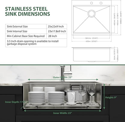 25x22 Drop In Kitchen Sink Workstation - Couoko 25 Inch 16 Gauge T304 Stainless Steel Drop In RV Bar Sink Large Deep Handmade Single Bowl Laundry Utility Sinks with Accessories, 25"x22"x9"