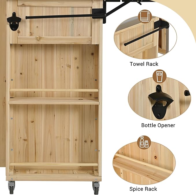 Flieks Outdoor Kitchen Island Fir Wood Kitchen Island with Stainless Steel Top, Ample Storage Space, Towel and Spice Racks and a Bottle Opener for Outdoor, Natural