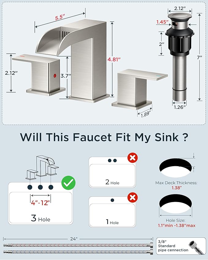 FORIOUS Bathroom Faucets 3 Hole Brushed Nickel, Waterfall 8 Inch Widespread Bathroom Sink Faucet with Metal Pop-up Drain and Supply Lines, Two Handles for Vanity, Lavatory, Restroom
