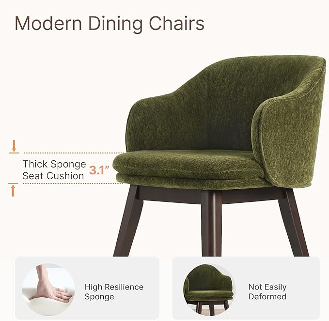 KISLOT Wooden Dining Chairs Set of 2, Fabric Upholstered Modern Dining Room Chairs with Barrel Backrest & Double-Layer Thick Cushion for Living Room, Restaurant, Kitchen and Café, Green