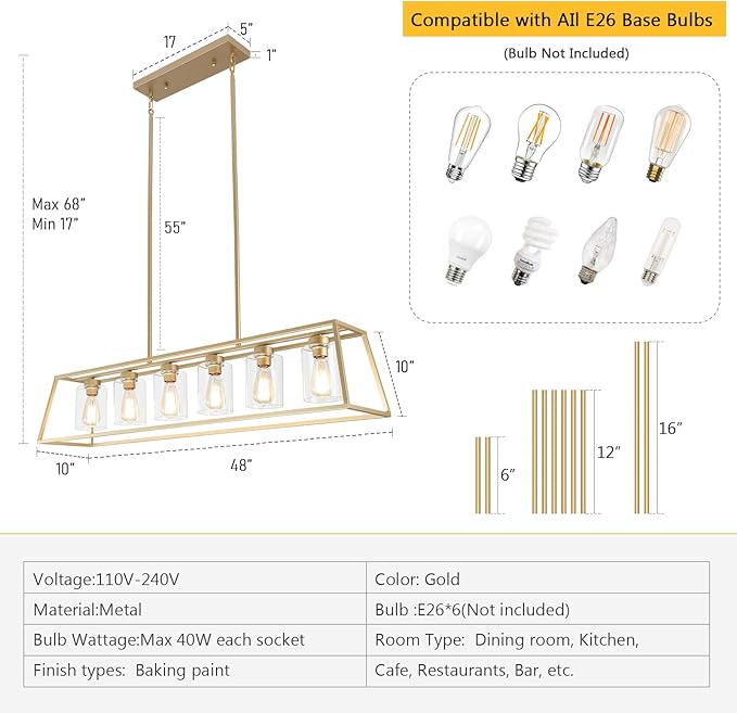 6-Light Gold Chandeliers for Dining Room | Modern Kitchen Island Light Fixture | Rectangle Chandelier for with Clear Glass Shade | Apply to Dining Room Light fixtures Over Table