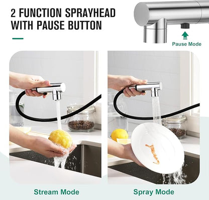 CREA Single Handle Bar Faucet with Pull Out Sprayer - Chrome,3 Hole, Deck Plate,Mini Prep Faucet for Kitchen,Bathroom and Outdoor Use