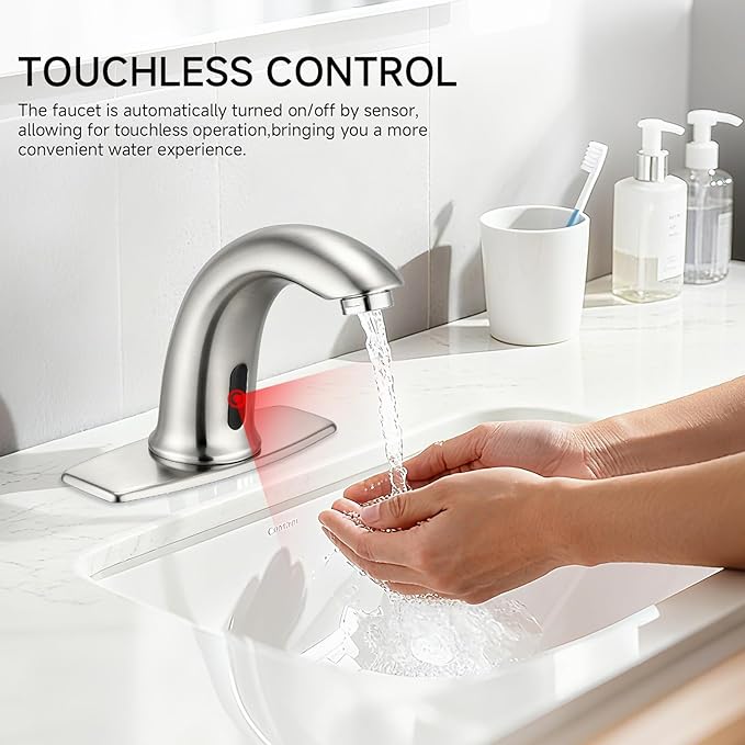 Touchless Bathroom Sink Faucet Automatic Motion Sensor Hands Free Faucet with Hole Cover Plate Water Valve,Commercial Solid Brass Faucet,1 Hole or 3 Hole,Brushed Nickel