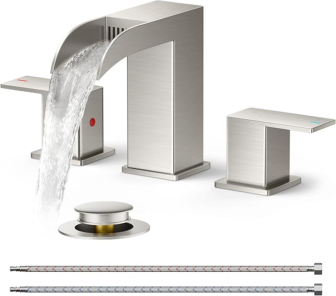 FORIOUS Bathroom Faucets 3 Hole Brushed Nickel, Waterfall 8 Inch Widespread Bathroom Sink Faucet with Metal Pop-up Drain and Supply Lines, Two Handles for Vanity, Lavatory, Restroom